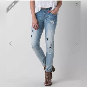 Miss Me ankle skinny stretch jeans low rise Buckle exclusive distressed size 28